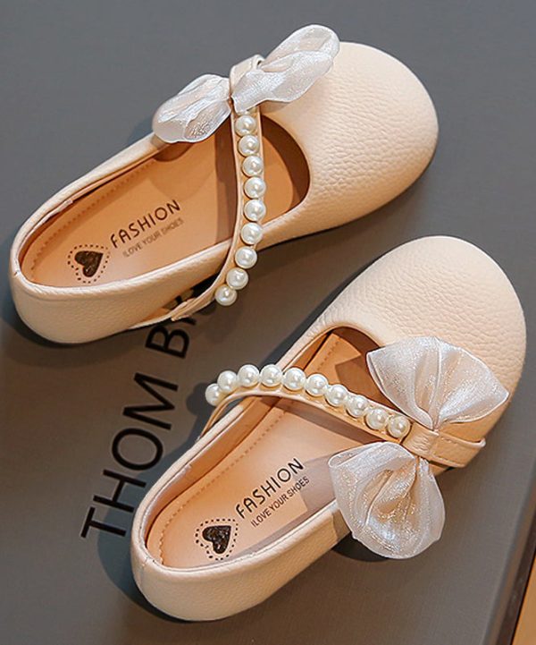 Comfy Beige Faux Leather Kids Girls Flats Bow Nail Bead Buckle Strap - Image 2