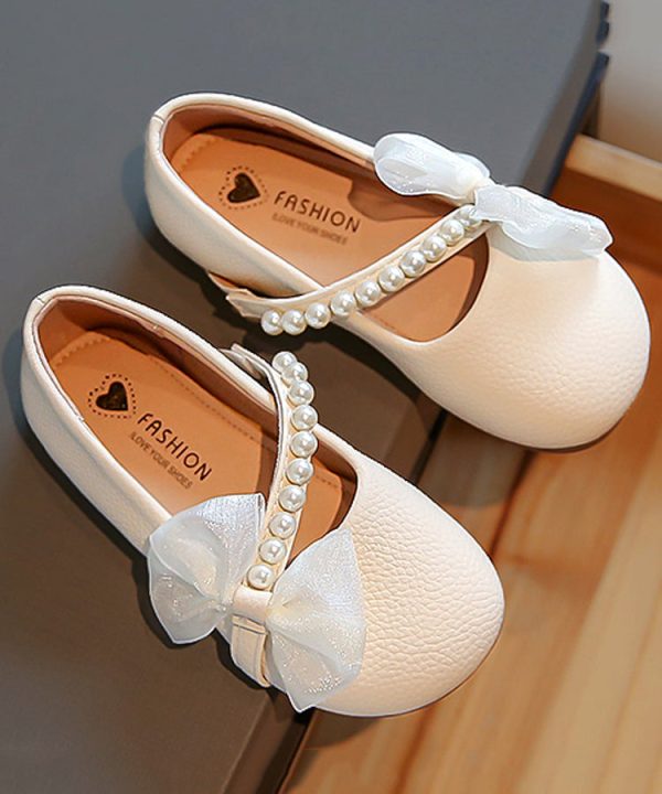 Comfy Beige Faux Leather Kids Girls Flats Bow Nail Bead Buckle Strap - Image 3