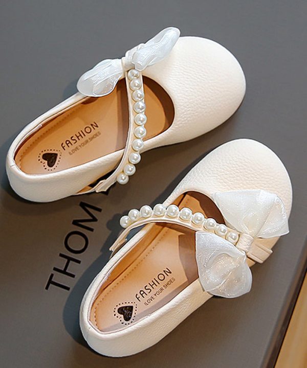 Comfy Beige Faux Leather Kids Girls Flats Bow Nail Bead Buckle Strap - Image 5