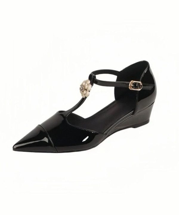 Comfy Splicing Wedge Sandals Black Cowhide Leather Pointed Toe - Image 5