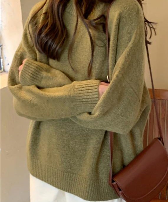 Comfy fall green knit sweat tops plus size high neck knit blouse