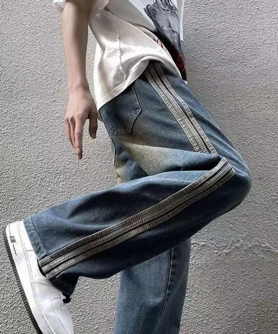 Cool Blue Pockets Patchwork Denim Pants Men Apparel Fall
