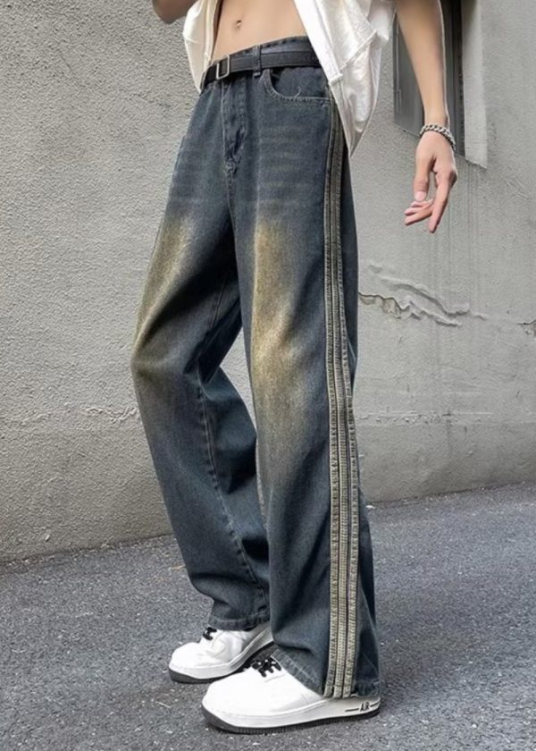 Cool Blue Pockets Patchwork Denim Pants Men Apparel Fall - Image 3