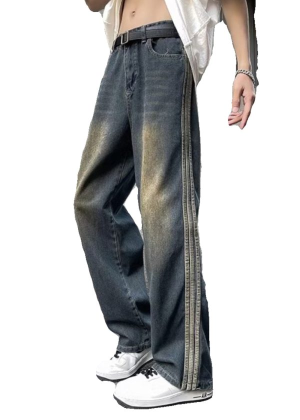 Cool Blue Pockets Patchwork Denim Pants Men Apparel Fall - Image 5