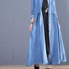 Corduroy blended light blue o neck pockets coat for woman