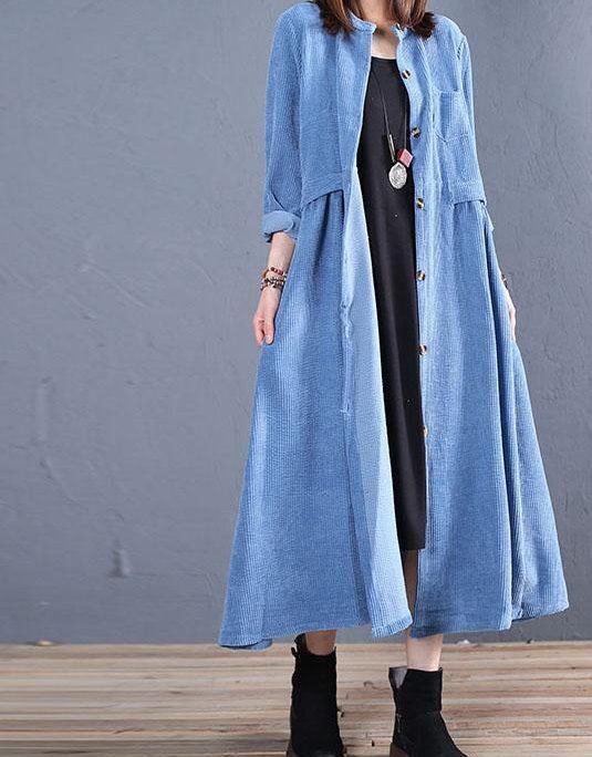 Corduroy blended light blue o neck pockets coat for woman