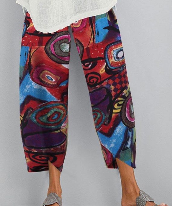 Cotton hemp printed elastic large size Capris