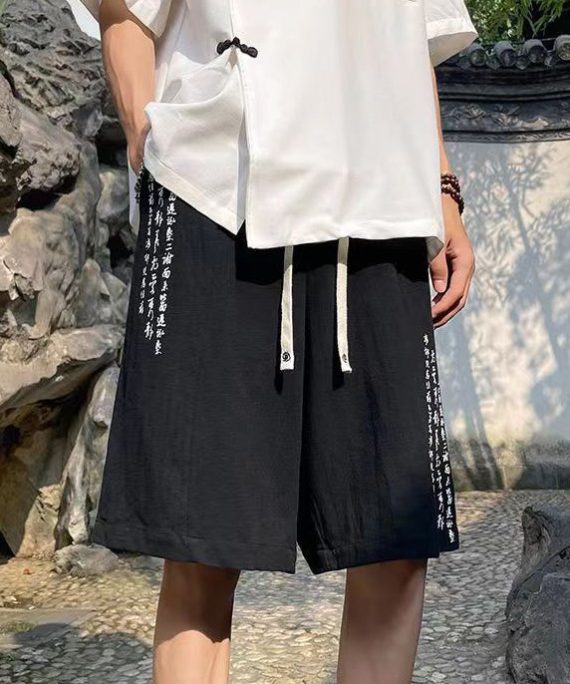 Cozy Black Print Pockets High Waist Cotton Men Beach Shorts Summer