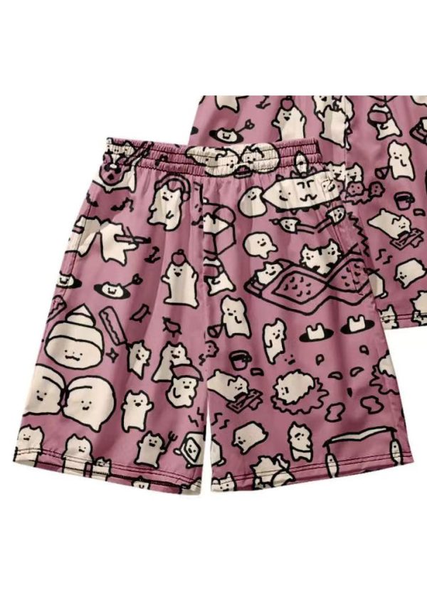 Cozy Pink Print Elastic Waist Cotton Men Beach Shorts Summer - Image 5