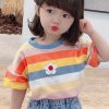 Cozy Rainbow Striped O Neck Cotton Girls T Shirt Summer