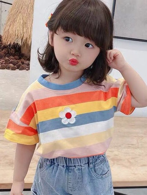 Cozy Rainbow Striped O Neck Cotton Girls T Shirt Summer