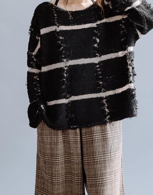 Cozy black striped knit top silhouette o neck trendy plus size fall sweaters