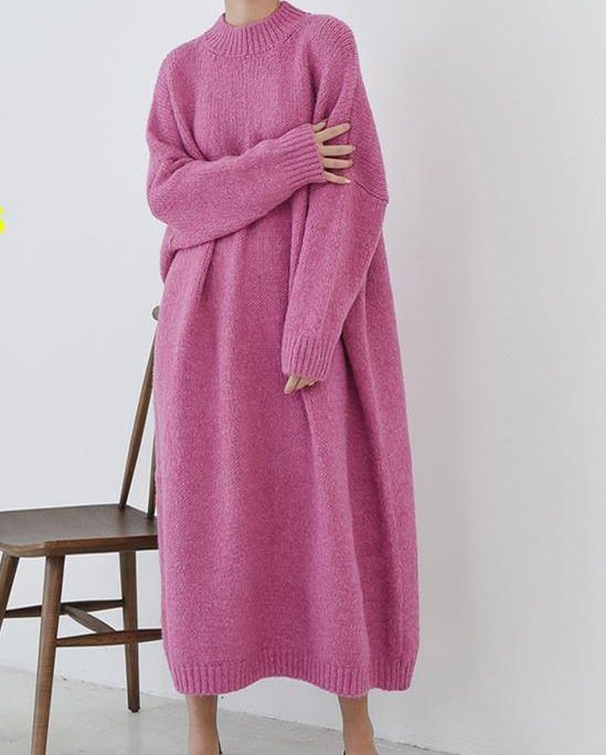 Cozy o neck Sweater fall weather plus size rose daily knit long dresses