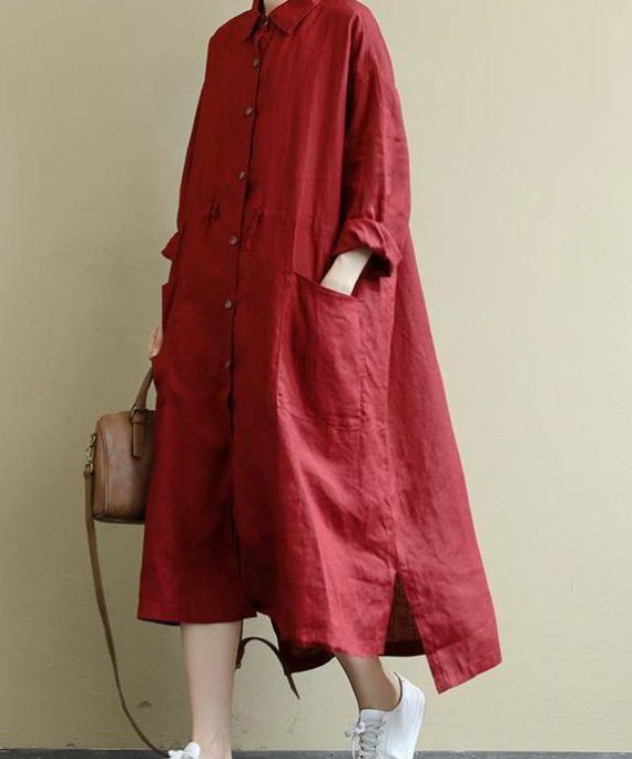 Red Linen Shirt Dress Casual Oversize Spring Maxi Dresses