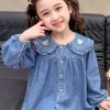 Cute Blue Peter Pan Button Collar Girls Shirt Long Sleeve