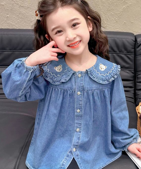 Cute Blue Peter Pan Button Collar Girls Shirt Long Sleeve
