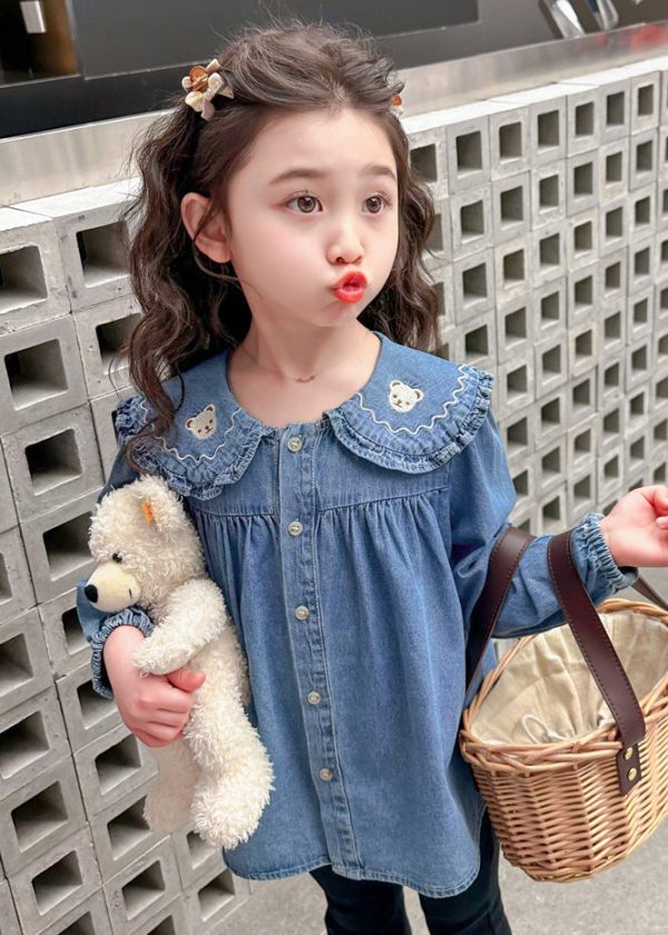Cute Blue Peter Pan Button Collar Girls Shirt Long Sleeve - Image 4
