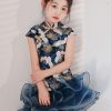 Cute Blue Print Tulle Patchwork Kids Mid Dress Short Sleeve