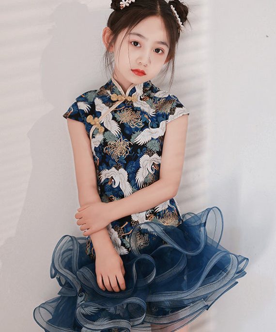 Cute Blue Print Tulle Patchwork Kids Mid Dress Short Sleeve