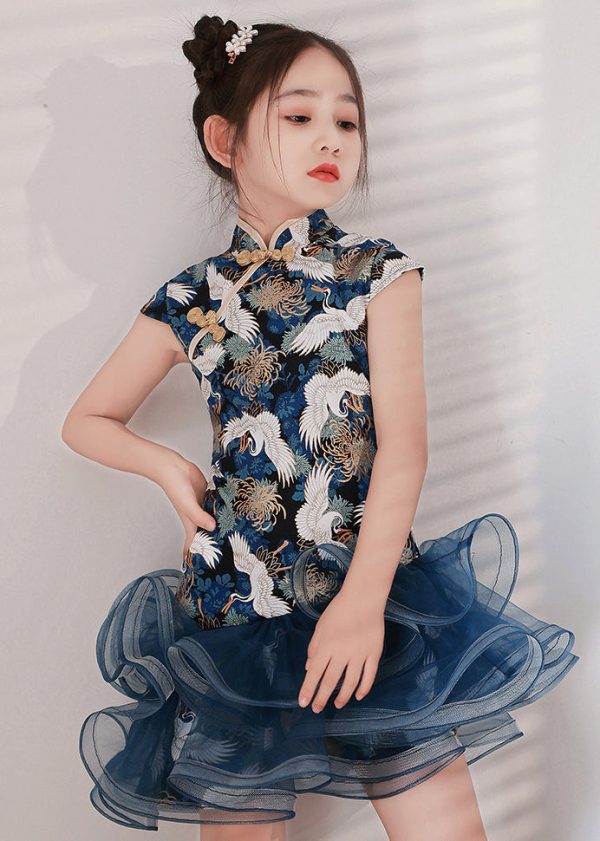 Cute Blue Print Tulle Patchwork Kids Mid Dress Short Sleeve - Image 4