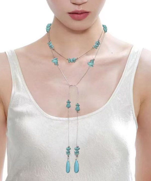 Cute Blue Stainless Steel Turquoise Beads Sweater Pendant Necklace - Image 4