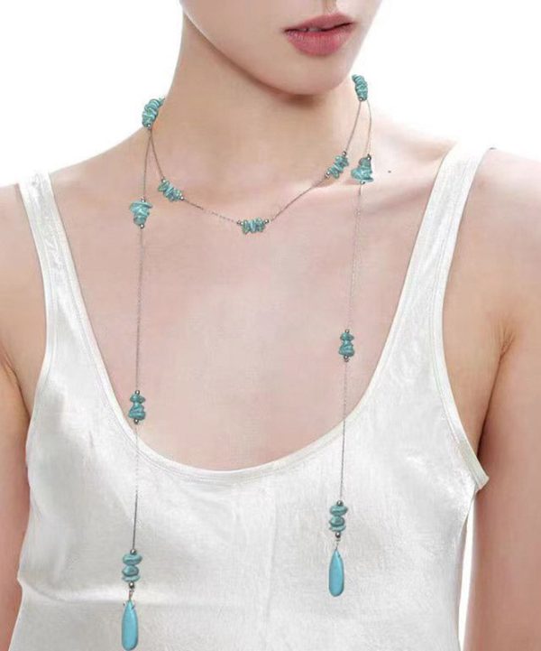 Cute Blue Stainless Steel Turquoise Beads Sweater Pendant Necklace - Image 5