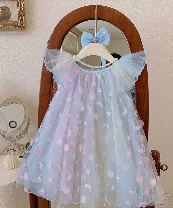 Cute Gradient Blue Sequins Wrinkled Patchwork Tulle Baby Girls Dress Summer