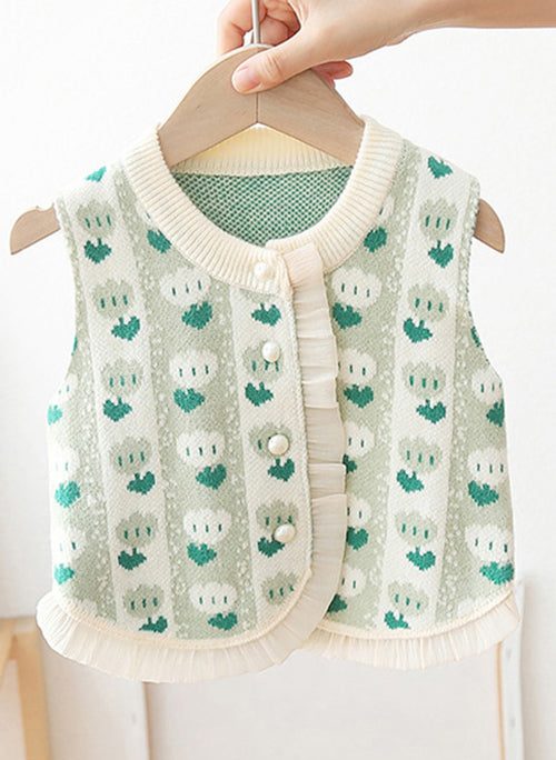 Cute Green O Neck Button Patchwork Kids Girls Waistcoat Sleeveless