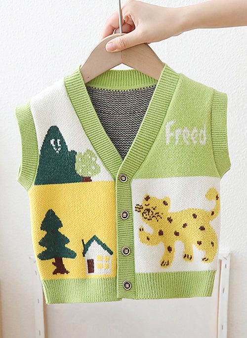 Cute Green V Neck Button Patchwork Knit Baby Waistcoat Sleeveless