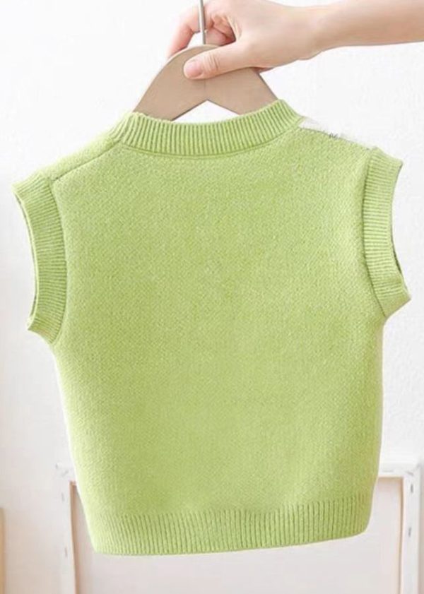 Cute Green V Neck Button Patchwork Knit Baby Waistcoat Sleeveless - Image 3