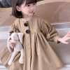 Cute Khaki O-Neck Patchwork Kids Mid Dresses Fall