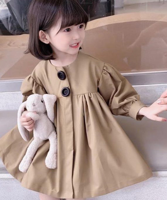 Cute Khaki O-Neck Patchwork Kids Mid Dresses Fall
