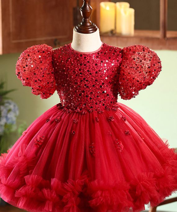 Cute Mulberry O-Neck Ruffled Tulle Kids Maxi Dresses Short Sleeve