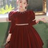 Cute Mulberry Patchwork Nail Bead Silk Velour Girls Long Dress Spring