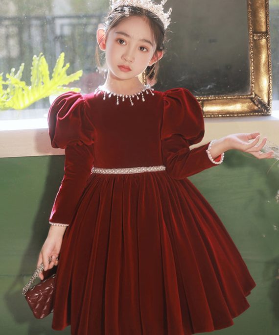 Cute Mulberry Patchwork Nail Bead Silk Velour Girls Long Dress Spring
