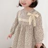 Cute O-Neck Print Lace Patchwork Bow Girls Mid Dress Long Sleeve