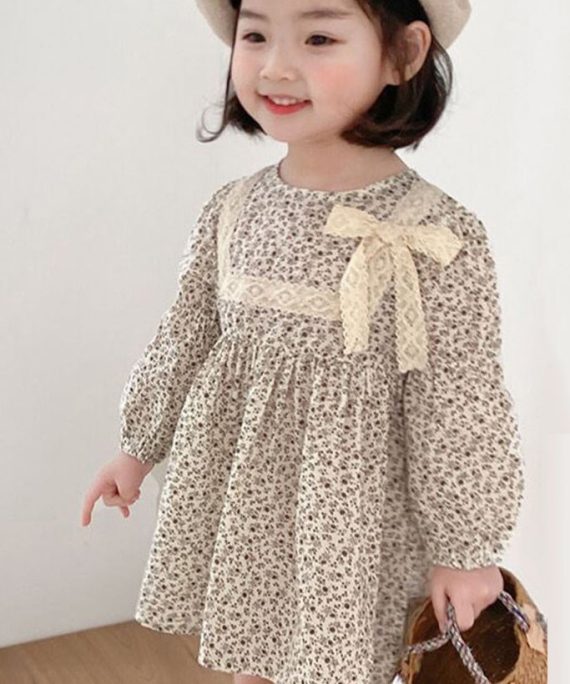 Cute O-Neck Print Lace Patchwork Bow Girls Mid Dress Long Sleeve