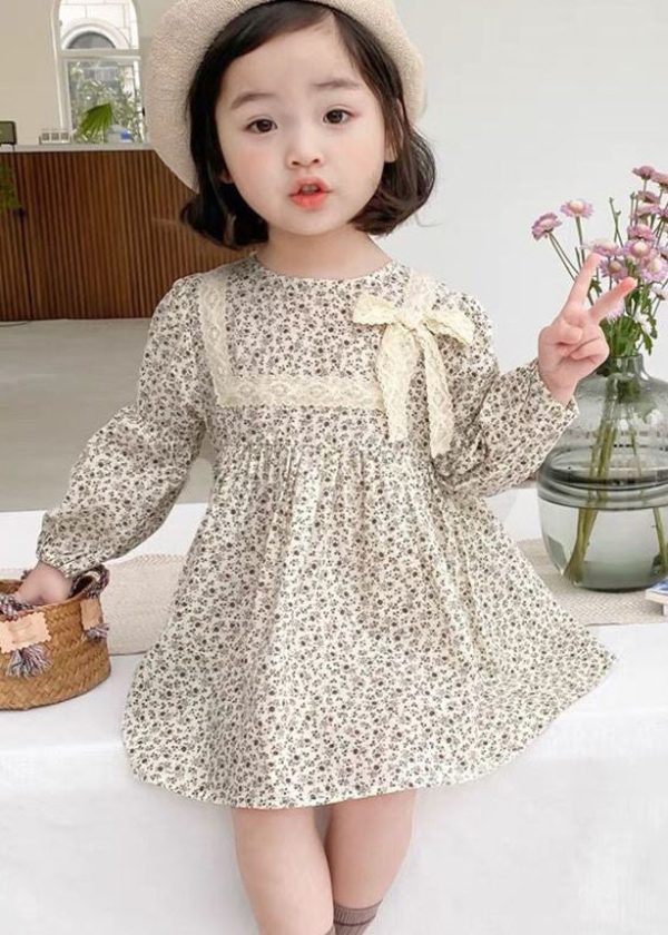 Cute O-Neck Print Lace Patchwork Bow Girls Mid Dress Long Sleeve - Image 2