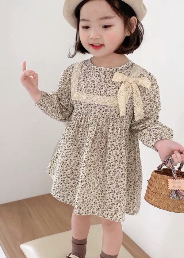 Cute O-Neck Print Lace Patchwork Bow Girls Mid Dress Long Sleeve - Image 3
