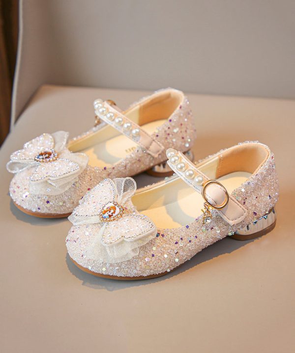 Cute Pink Bow Zircon Nail Bead Buckle Strap Kids Girls Princess Shoes - Image 2