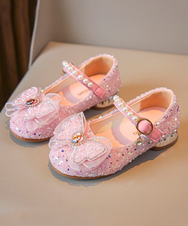 Cute Pink Bow Zircon Nail Bead Buckle Strap Kids Girls Princess Shoes - Image 3