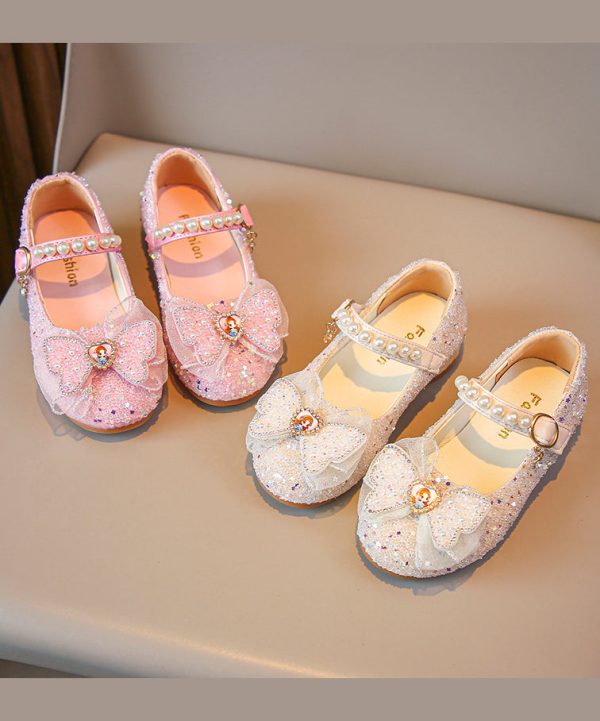 Cute Pink Bow Zircon Nail Bead Buckle Strap Kids Girls Princess Shoes - Image 4