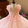 Cute Pink Floral Patchwork Zircon Tulle Girls Long Dresses Sleeveless