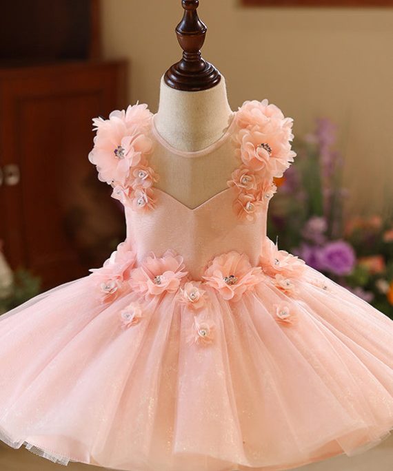 Cute Pink Floral Patchwork Zircon Tulle Girls Long Dresses Sleeveless