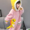 Cute Pink Hooded Zippered Patchwork Fluffy Kids Jumpsuit Long Sleeve