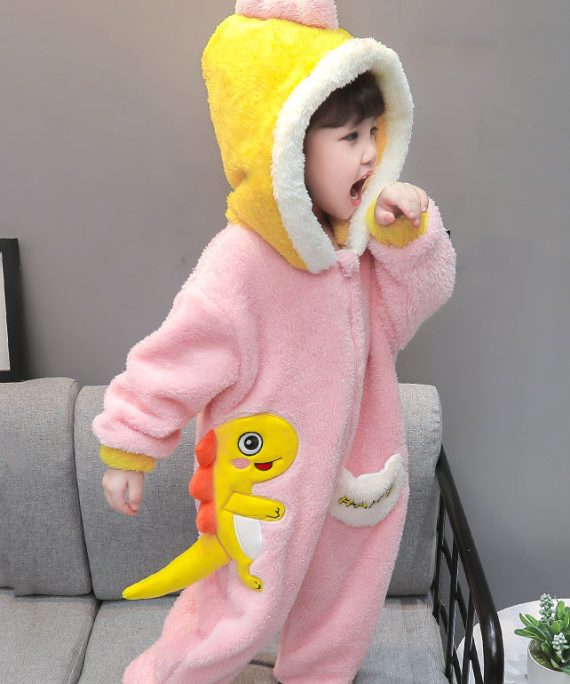 Cute Pink Hooded Zippered Patchwork Fluffy Kids Jumpsuit Long Sleeve
