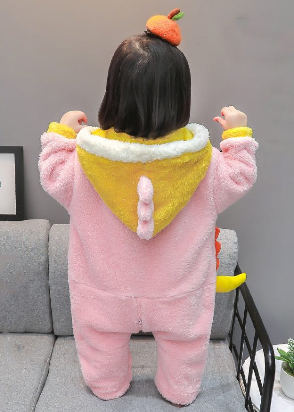 Cute Pink Hooded Zippered Patchwork Fluffy Kids Jumpsuit Long Sleeve - Image 5