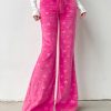 Cute Pink Print Tie Waist Knit Flared Trousers