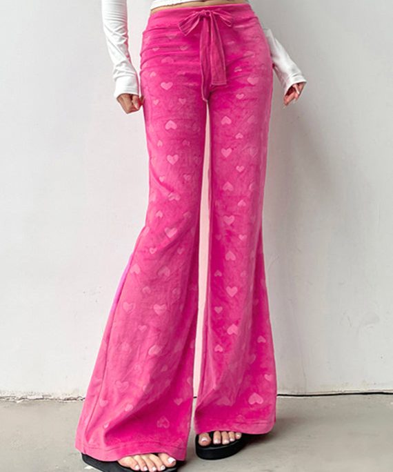 Cute Pink Print Tie Waist Knit Flared Trousers