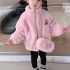 Cute Pink Zip Up Pockets Teddy Faux Fur Girls Coats Long Sleeve